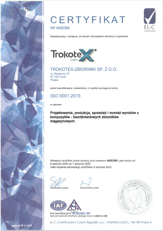 zbiorniki magazynowe certyfikat iso 9001 producent trokotex grp