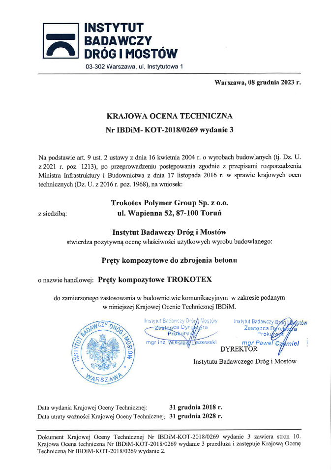 pręty kompozytowe zbrojeniowe dokumentacja dopuszczenia trokotex
