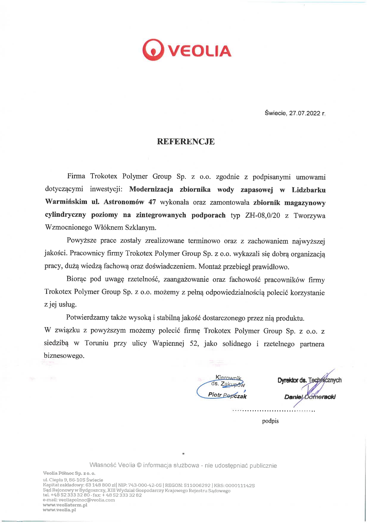 Zbiorniki magazynowe dla Veolia