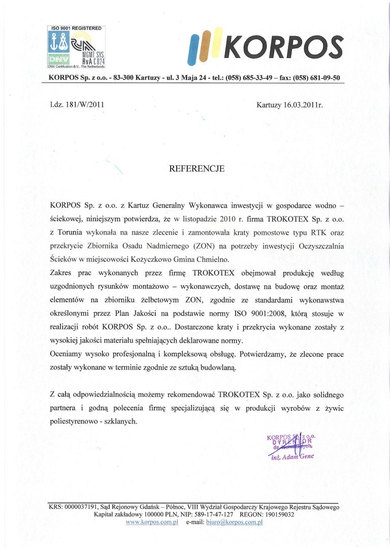 Referencja hermetyzacji zbiornika – instalacja kompozytowa Trokotex